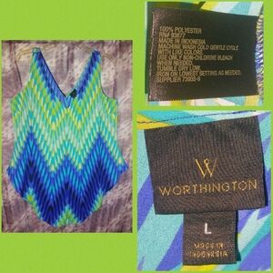 Worthington Blue/Grn/Multiclr Geometric Chevron Print Soft Woven Tank Top Sz Lrg